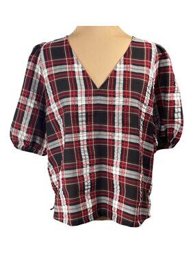 Loft Top Black, White, Black Plaid V-Neck Summer Size M Medium Short Sleeve Popo